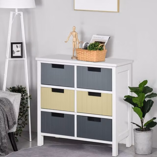 STILVORA 6 Drawer Chest with Wooden Structure in White and Multicolour Striped Lacquered Finish – 1