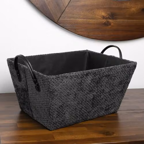 JVL Metro Rectangular Fabric Storage Basket with Lid and Handles, Black or Grey, W: 36.0 cm, D: 25.0 cm, H: 18.0 cm – 3