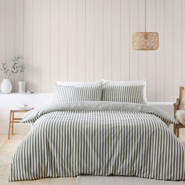 Catherine Lansfield Reversible Brushed Stripe Cotton Flannelette Duvet Cover and Pillowcase Set in Green and Blue