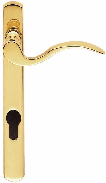 Loops Scroll Lever Door Handle with Lock Backplate in Polished Brass, W: 20.8 cm