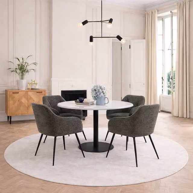 Furniture To Go Corby Round White Marble Dining Table with Black Base and 4 Taupe Brooke Armrest Chairs