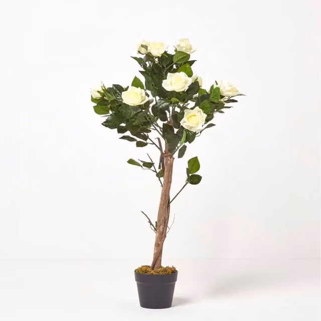 Homescapes White Potted Rose Tree Artificial Plant with Green Leaves, Height: 90 cm