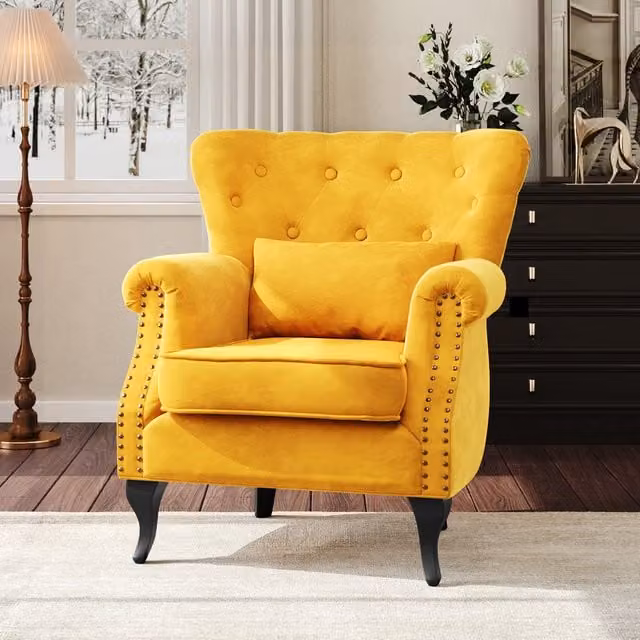 Komore Retro Yellow Velvet Armchair with Armrests and Foam Padding