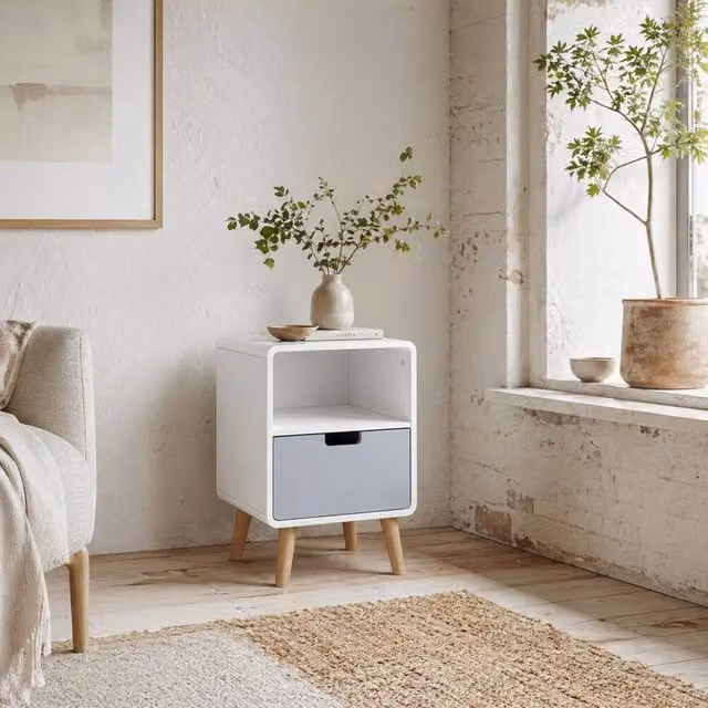 Wyld Haus Tapayo Scandinavian Wooden Bedside Table with Drawer and Shelf in White, W/D/H: 40 x 38 x 58 cm