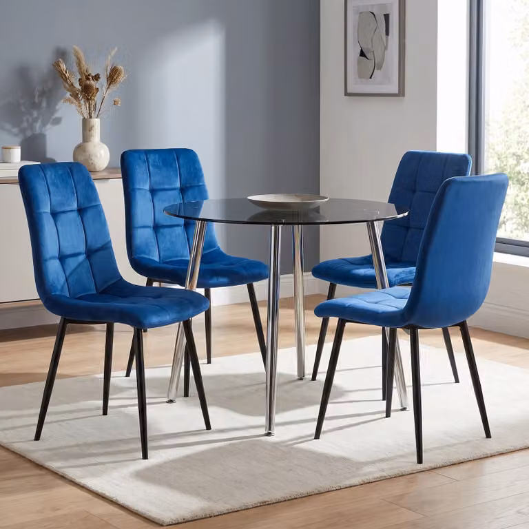 DHS Set of 4 Modern Blue and Cream Velvet Dining Chairs with Armrests