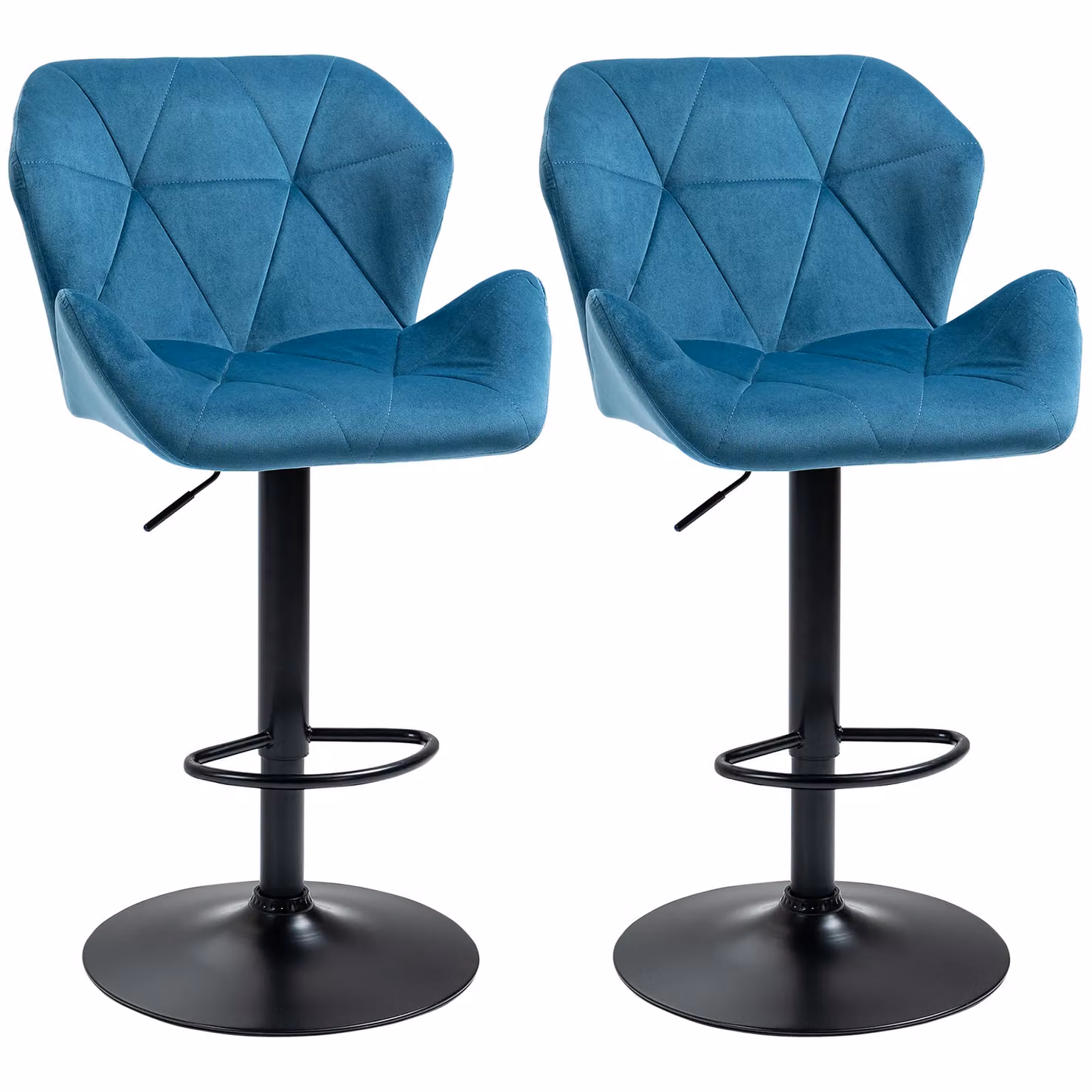HOMCOM Set of 2 Blue Velvet-Touch Adjustable Bar Stools with Metal Frame and Footrest – 2