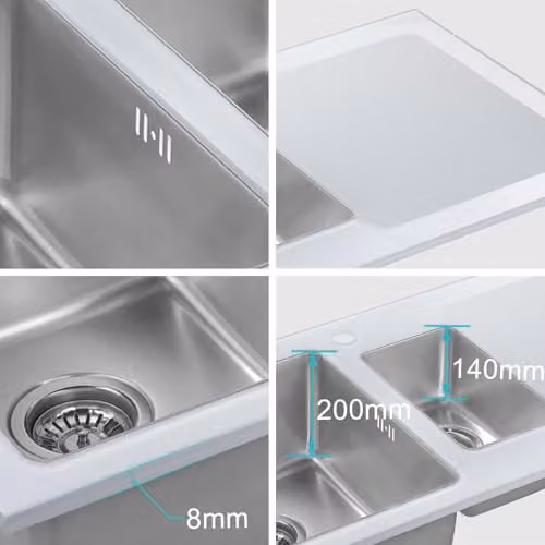 JASSFERRY Brilliant White Glass and Stainless Steel Kitchen Sink, 1.5 One Half Bowl with Right Hand Drainer and Strainer Waste, W: 1000 mm, D: 500 mm – 2