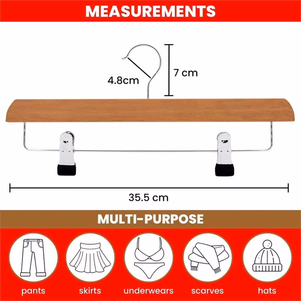 PAWNORA 50 Piece Set of Non-Slip Wooden Trouser Hangers with Clips in Brown – 2