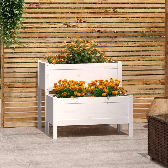 Berkfield Home White Wooden Raised Bed Planter, W: 84.5 cm, D: 84 cm, H: 75 cm