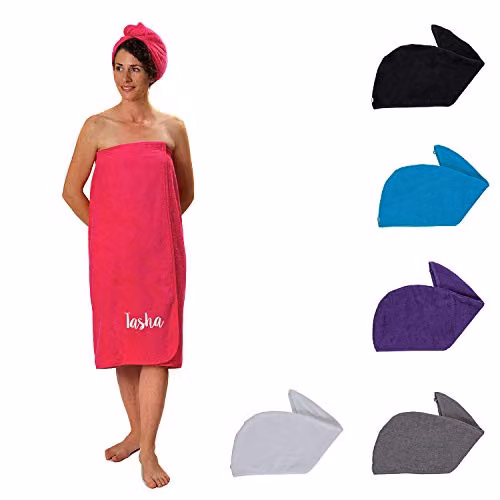 Duncan Stewart Personalised Women's Towelling Sarong and Hair Turban Wrap Set in Pink – 1