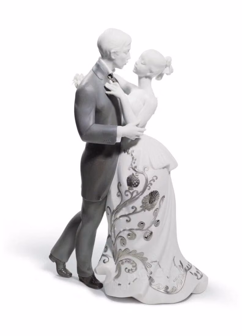 Lladró Lovers Waltz Couple Porcelain Figurine in Silver Lustre