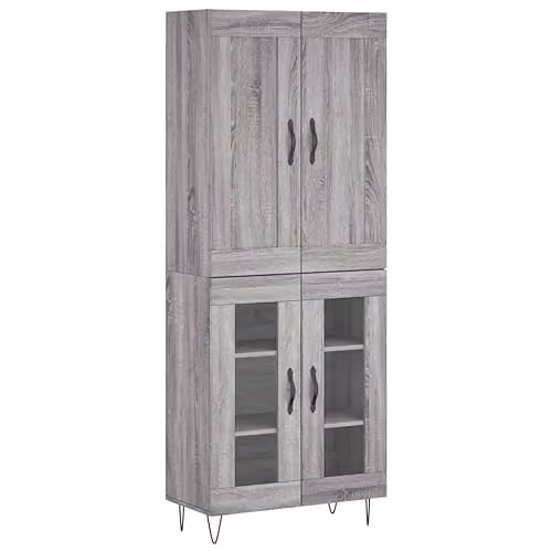 vidaXL Grey Sonoma Highboard with Glass Doors and Internal Shelves, W: 69.5 cm, D: 34 cm, H: 180 cm – 1