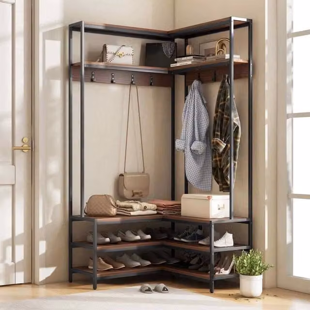 VOGREX Walnut L-Shaped Corner Hall Tree with Shoe Bench and Metal Hooks in Brown and Black