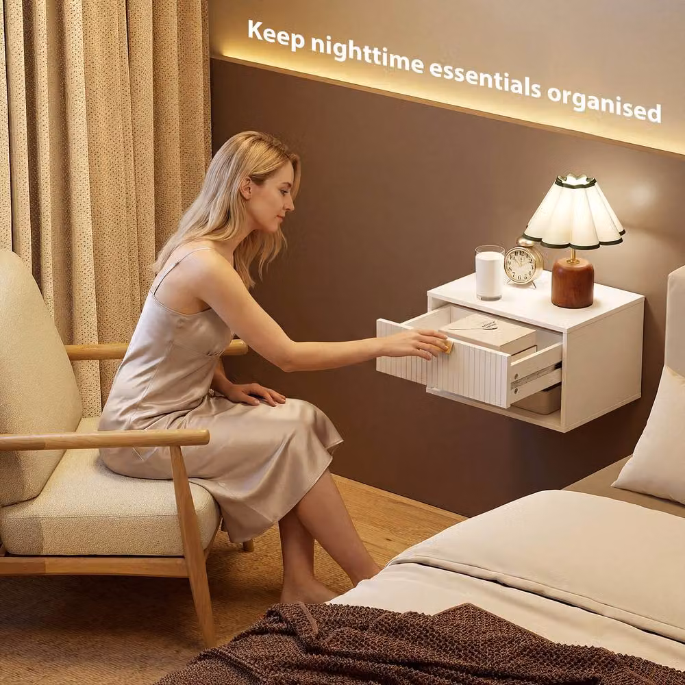 STILVORA White Wall-Mounted Bedside Cabinet with Drawer and Shelf – 3