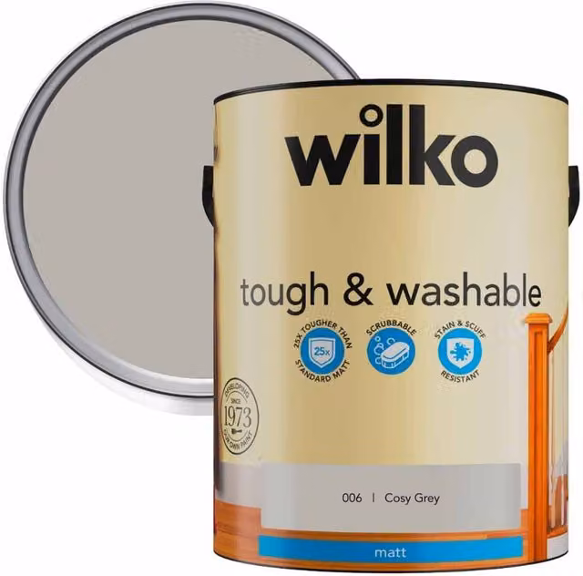 wilko Tough and Washable Matt Emulsion Paint, Cosy Grey, 5 l