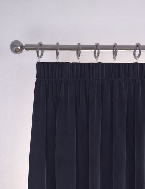 M&S Navy Blue Velvet Thermal Insulating Pencil Pleat Curtains H: 218 cm, W: 183 cm