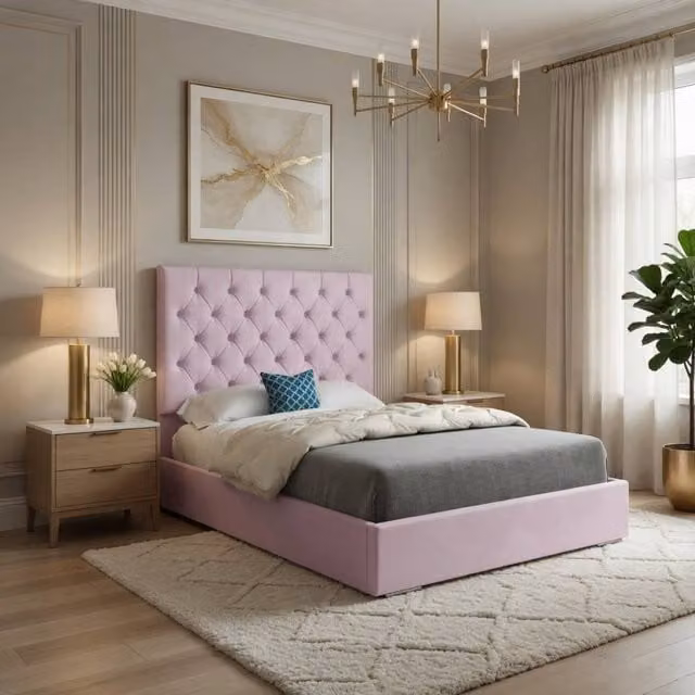 KDMD Fetcham Chesterfield Upholstered Pink Velvet Designer Bed Frame, W/D/H: 90 x 200 x 137 cm – 1