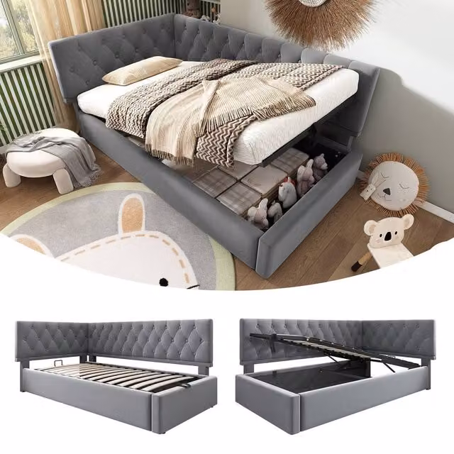 Rolipo Grey Velvet Single Daybed with Hydraulic Storage and Upholstered 3FT Sofa Bed, W: 90 cm, L: 190 cm – 1