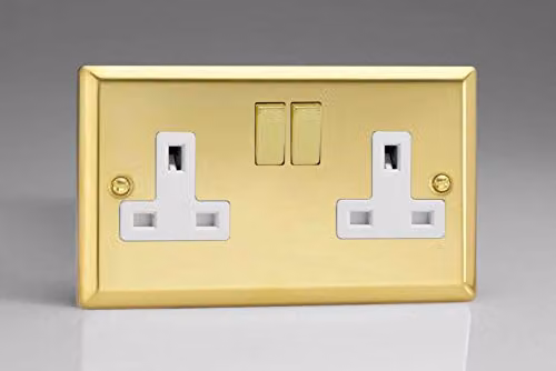 Varilight 2-Gang 13A Switched Socket in White and Yellow Victorian Brass – 1
