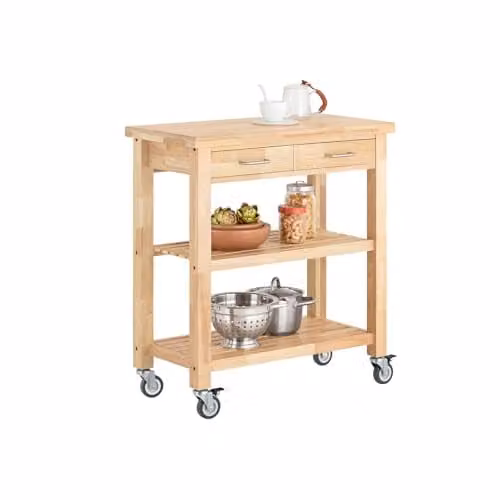 SoBuy Modern Kitchen Trolley on Wheels with 2 Drawers and 2 Shelves in White and Beige, W/D/H: 80 x 40 x 90 cm