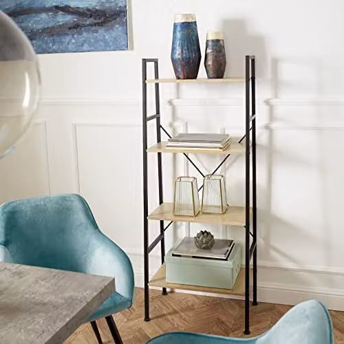 tectake 4-Tier Industrial Ladder Shelf with Steel Frame and Wood-Look Shelves in Dark Wood and Black, H 150.0 x W 61.5 x D 36.5 cm – 2