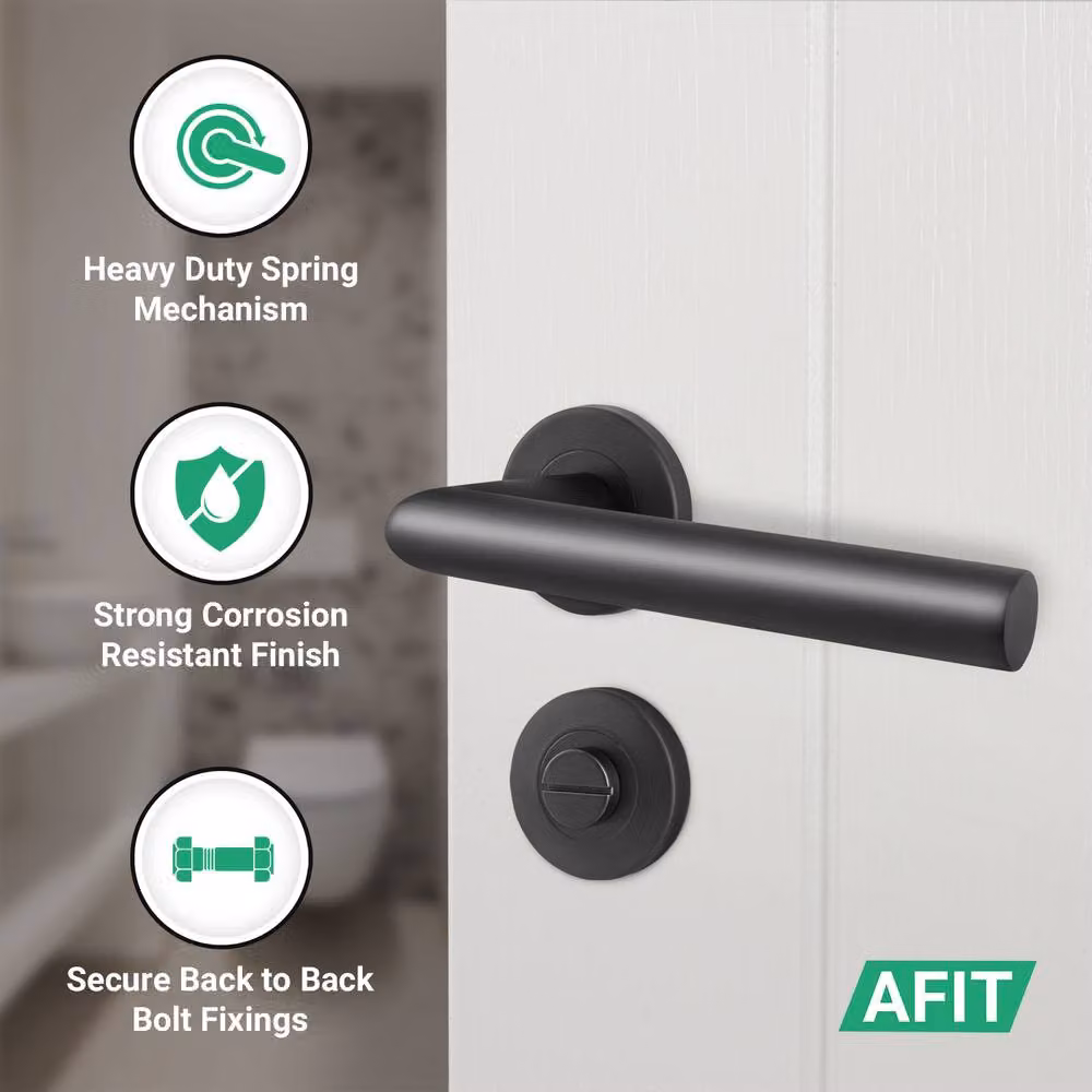 AFIT Matt Black Stainless Steel Bathroom Door Handle with Lock and Hinge Kit, Rose Diameter: 76 mm, Rose Size: 150 x 150 mm – 3