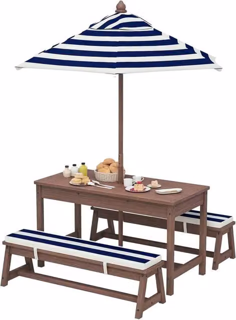 SPETLEK Brown Wooden Picnic Table with Striped Maritime Umbrella for Garden and Children