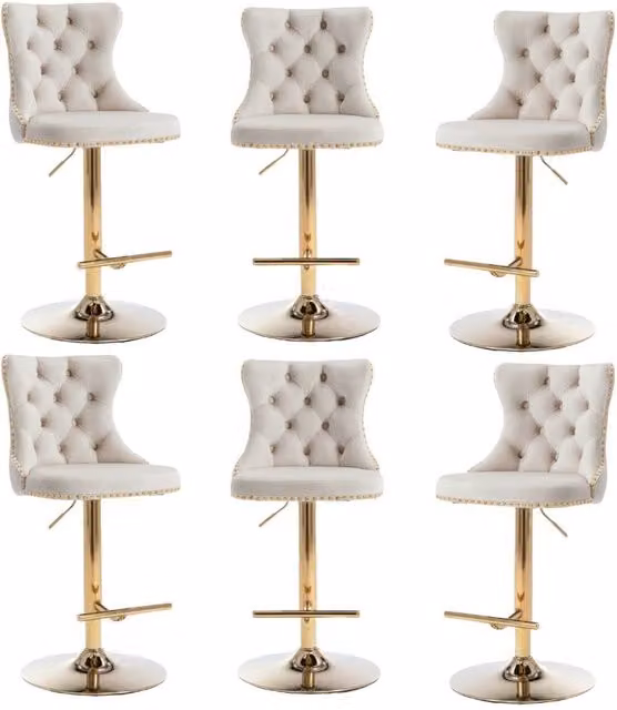Modern Home Touch Set of 6 Luxury Velvet Adjustable Swivel Bar Stools with Gold Metal Base in Beige – 1