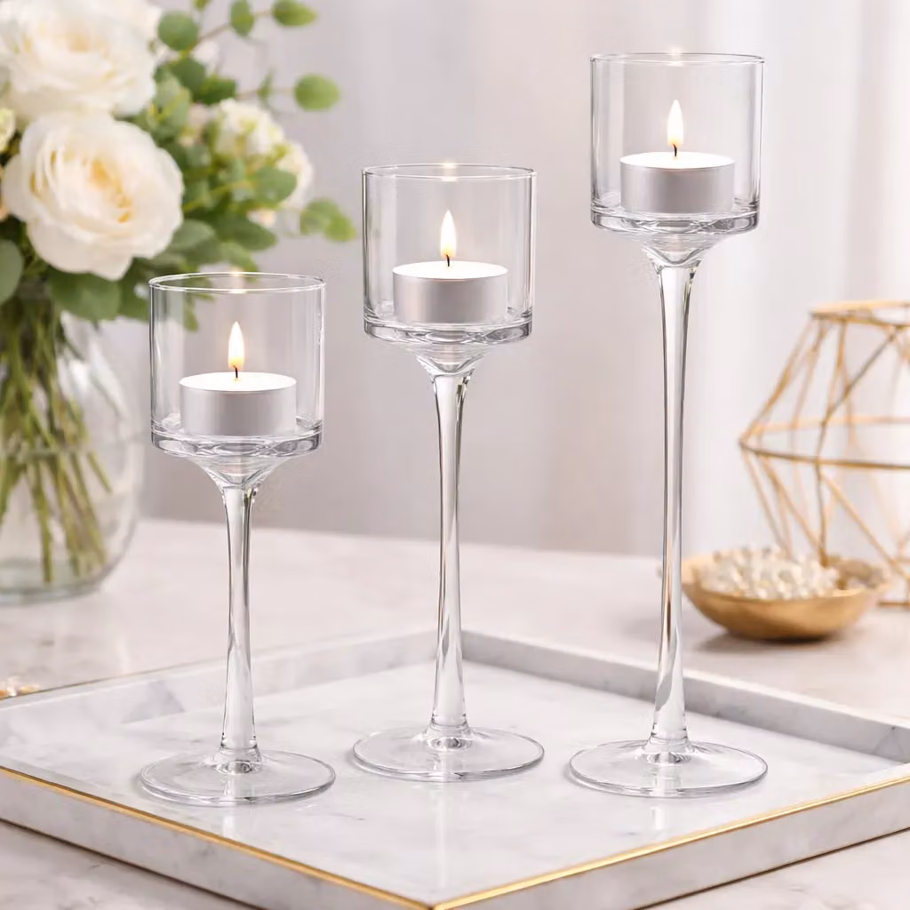 Marco Paul Set of 3 Clear Glass Tall Tealight and Pillar Candle Holders – 3