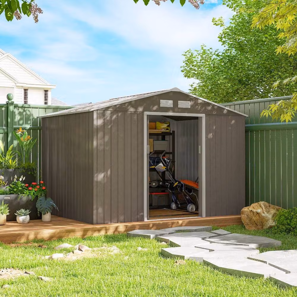 Rolipo Metal Garden Shed with Foundation Kit and Double Doors, Light Brown – 4