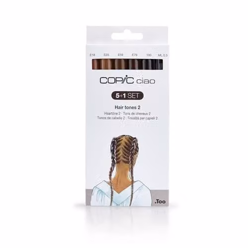 COPIC Ciao Brush Coloured Marker Pen Set, Hair Tones 2, Black and Brown