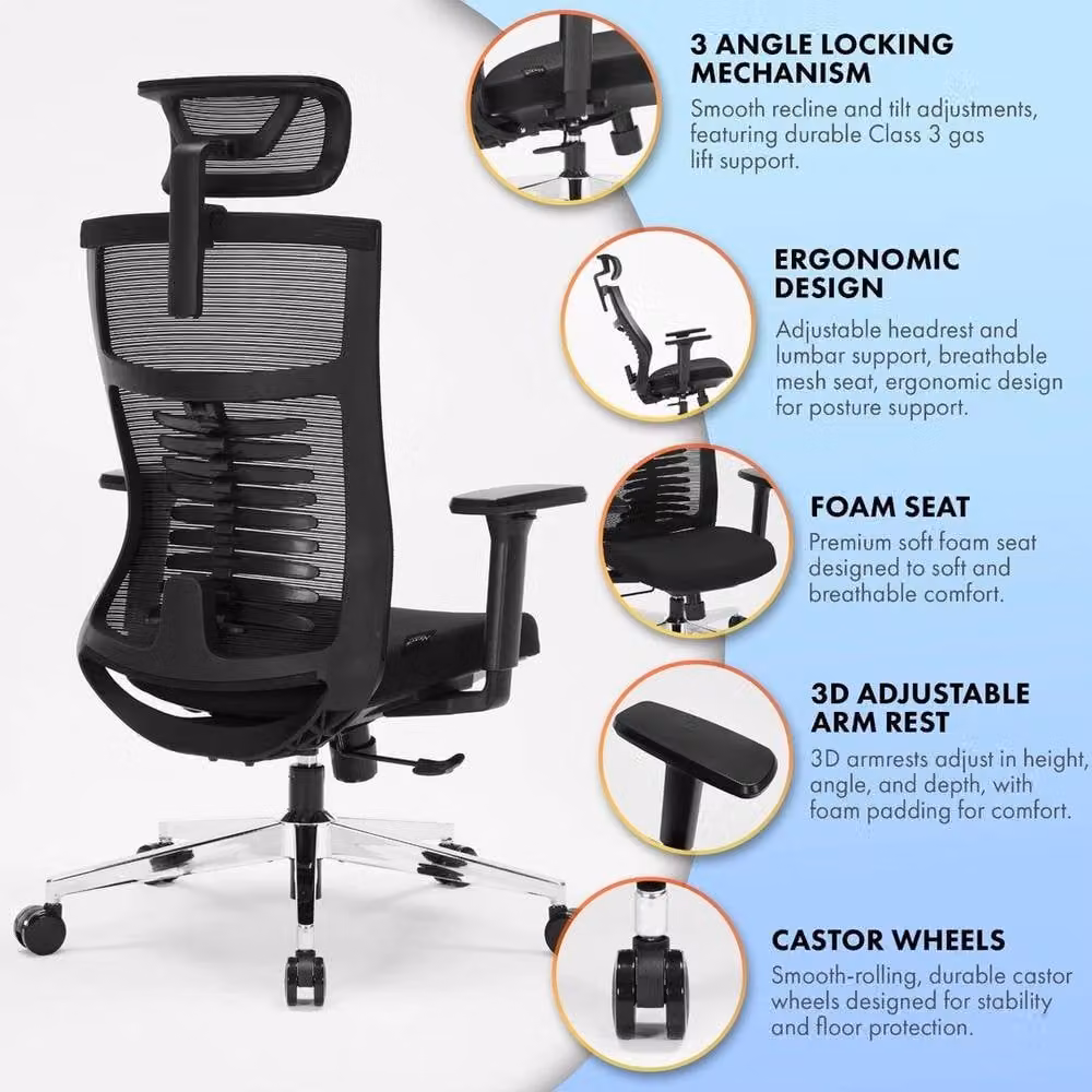 EONLION Model 799 Premium Office Chair with Foam Seat in Black, Width: 100 cm – 3