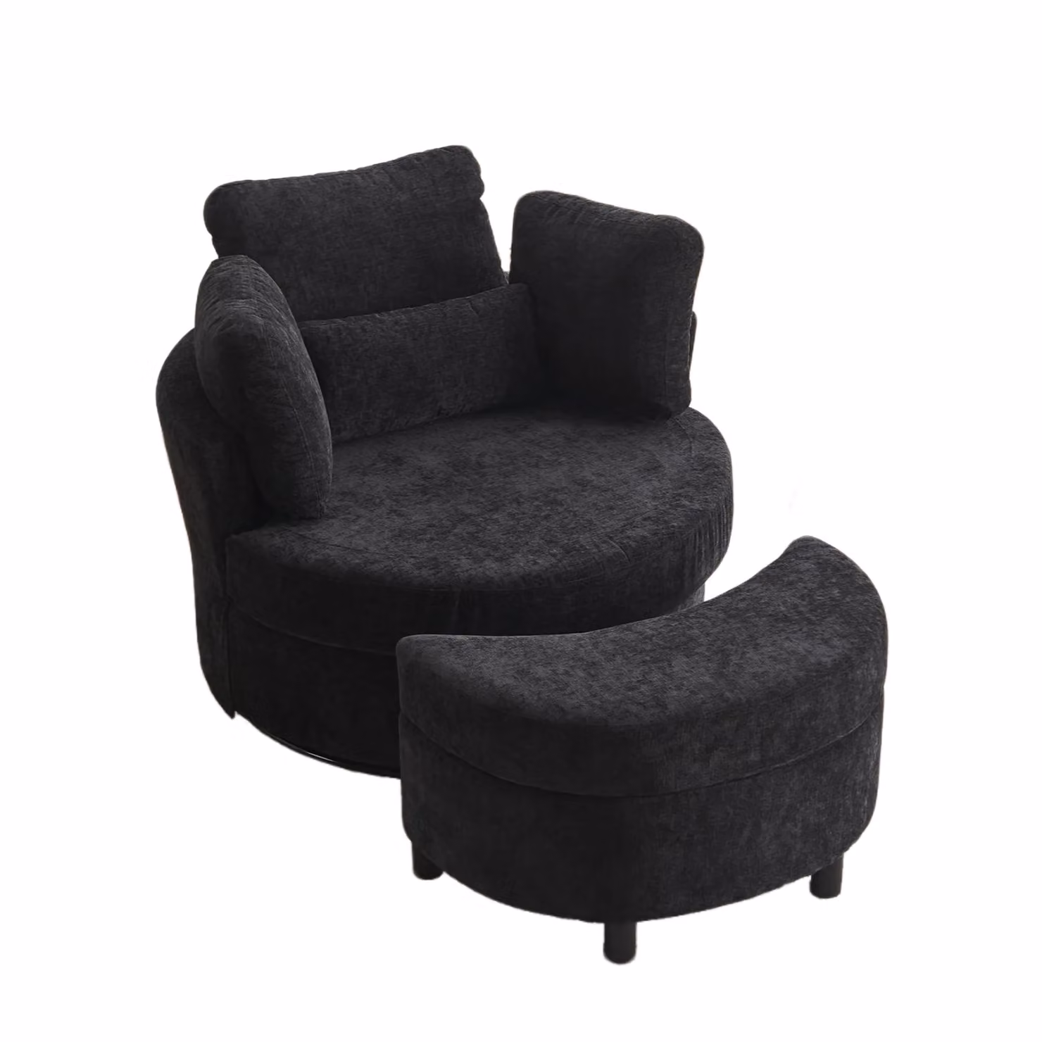 Aosom.UK Black Chenille Swivel Bedroom Chair with 3 Back Cushions and Crescent Ottoman Stool, W/D/H: 105 x 107 x 82 cm – 2