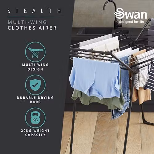 Swan Stealth Multi-Wing Indoor and Outdoor Clothes Airer in Black with 19m Drying Space – 2