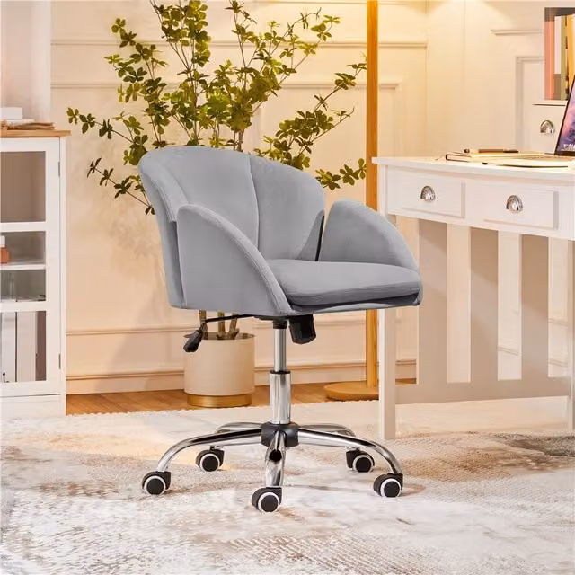 Yaheetech Modern Grey Velvet Swivel Task Chair with Armrests for Home Office