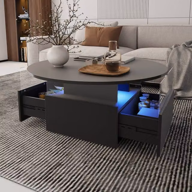 KEEPREAPER Round LED Coffee Table with Storage and 2 Sliding Drawers in Black Acrylic – 1