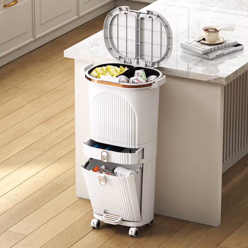Costway 42L Kitchen Trash Can with Lid and 3-Layer Sorting System in White – 2