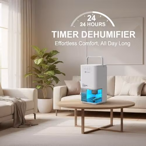 PureMate 1400ml Portable Mini Electric Dehumidifier in White with Colourful LED Lights – 5