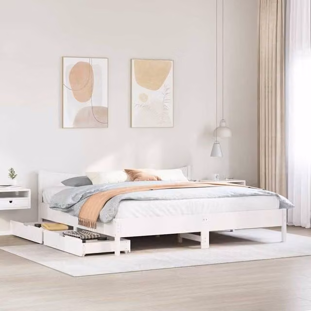Berkfield Home Super King Solid Wood Bed Frame with Drawers, White, W/D/H: 180 x 200 x 74 cm