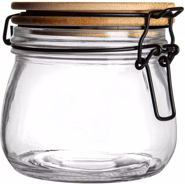 Argon Tableware Transparent Glass Storage Jar with Black Wooden Clip Lid and Silicone Seal, 500 ml