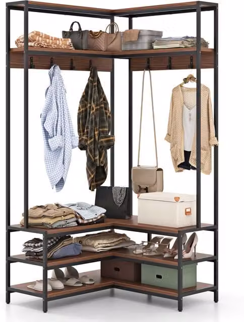 COSTWAY Industrial Metal Clothes Rail and Garment Rack in Walnut and Black