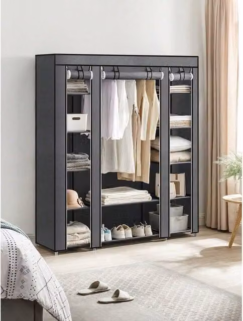 SONGMICS Portable Fabric Wardrobe in Grey with Internal Shelves and Hanging Rod, H 175 x W 45 x D 45 cm