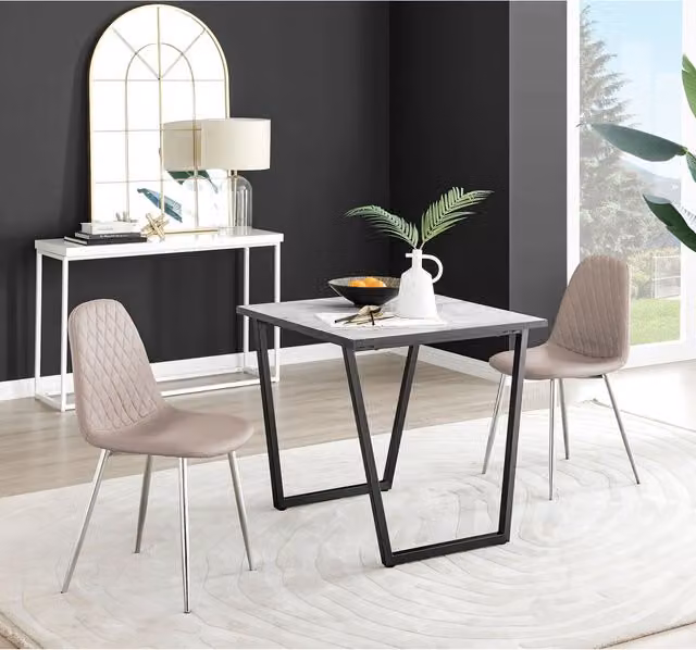 FurnitureboxUK Carson White Marble Effect Square Dining Table and 2 Corona Silver Faux Leather Chairs in Beige – 1