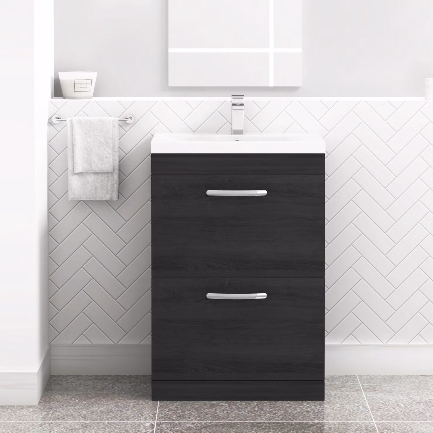 Royal Bathrooms Turin 600mm Floor Standing Mid-Edge Basin Vanity Unit with 2 Drawers in Hale Black