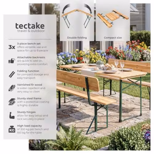 tectake 3-Piece Brown Wood and Powder Coated Steel Garden Table and Bench Set for 8 People – 2