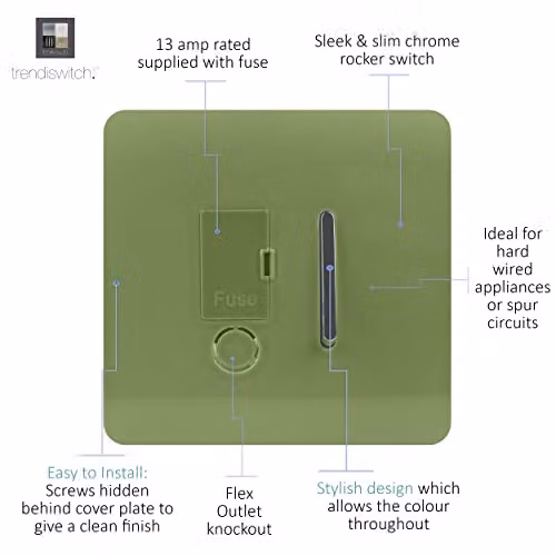 Trendi Switch Modern Glossy Single 13 A Fused Spur Connection Unit with Flex Outlet and Chrome Rocker in Moss Green – 2