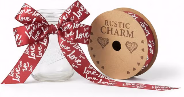 Kingsbury Gifts Red Script Love Satin Ribbon with Heart Theme, W: 2.5 cm, Length: 10 m