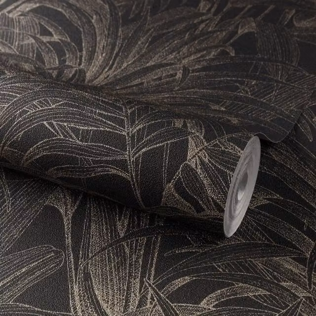 Grandeco Jungle Leaves Aliare Botanical Floral Textured Vinyl Wallpaper in Black