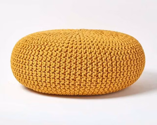 Homescapes Large Round Cotton Knitted Pouffe Footstool in Yellow