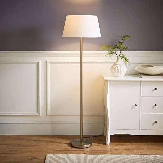 ValueLights Charlie White Stem Floor Lamp with Beige Fabric Shade
